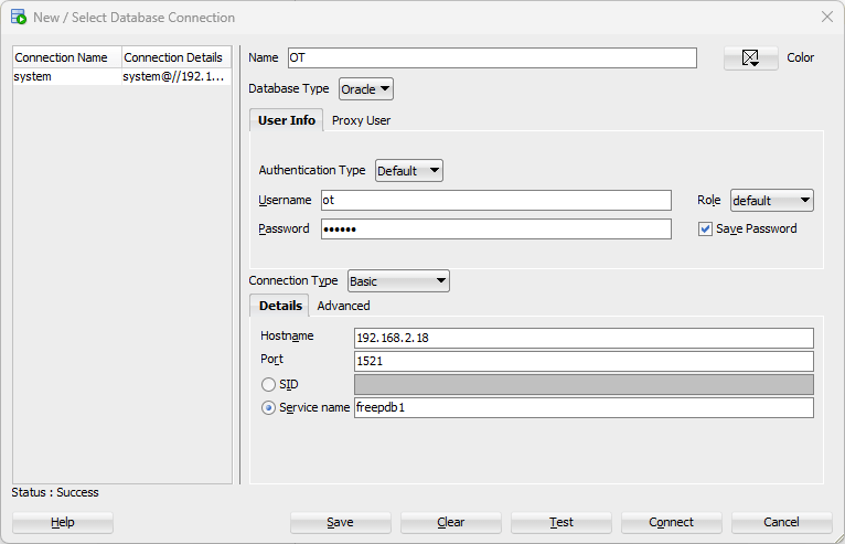 oracle sample database - connect to freepdb1 as ot user