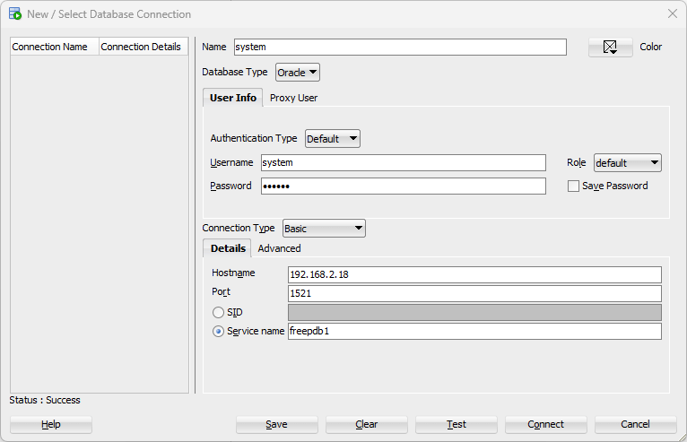 oracle sample database - connect to freepdb1 as system user